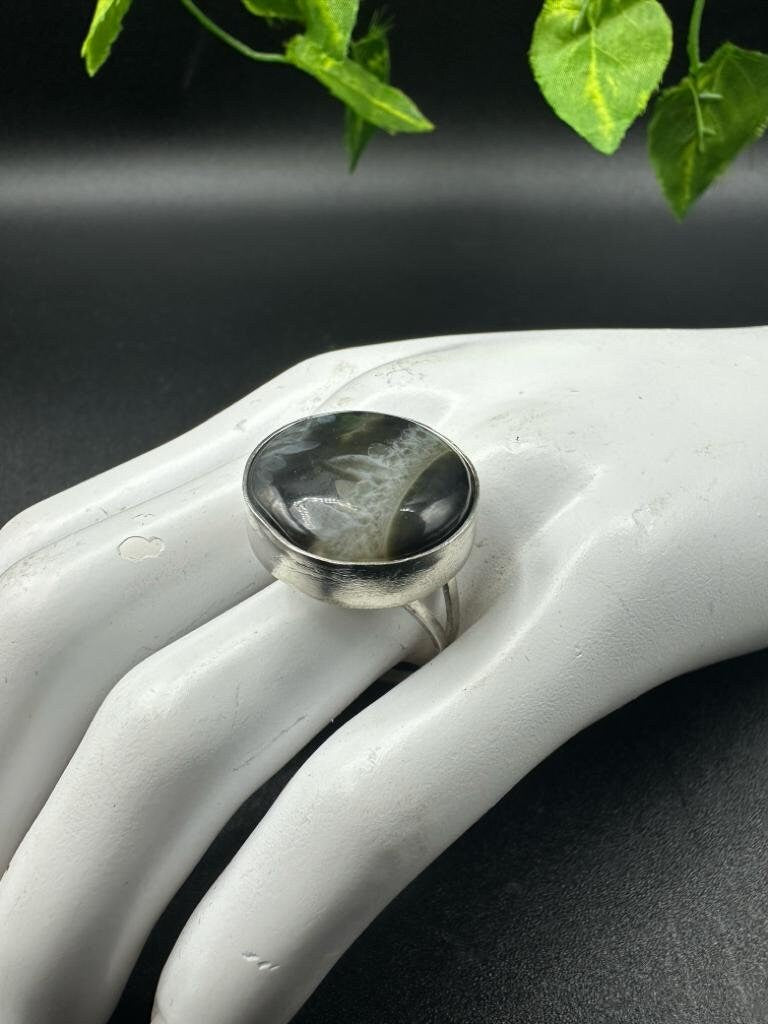Anello argento regolabile Agata fossile