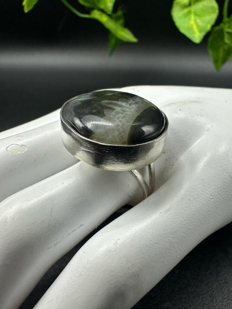 Anello argento regolabile Agata fossile